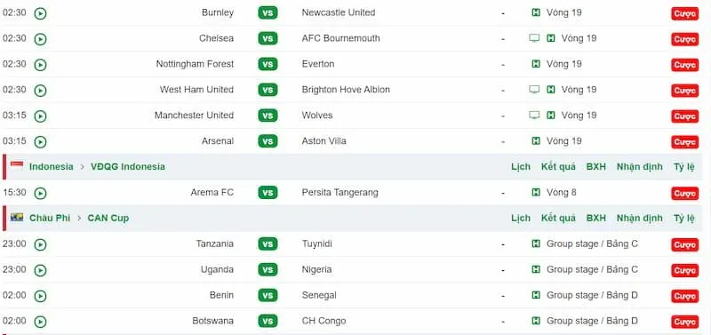 KQBD 24h cập nhật lịch thi đấu